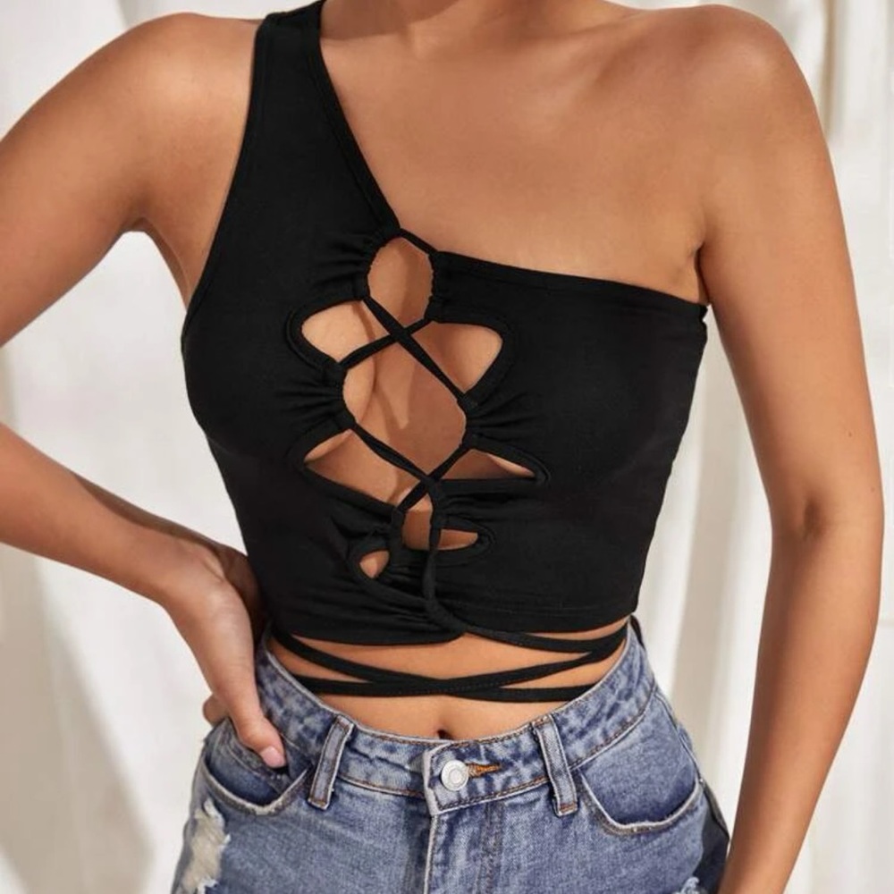 One shoulder lace up tie crop top